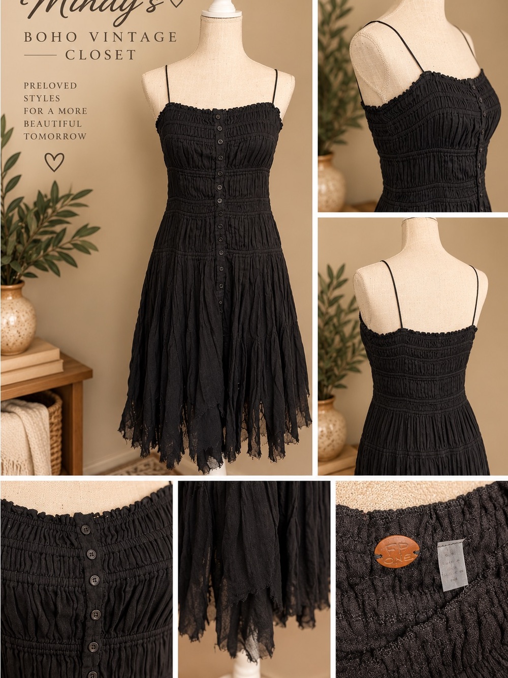 Free People Black Smocked Spaghetti-Strap Mini Dress